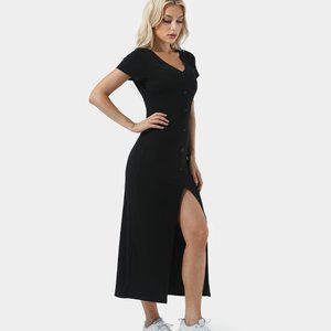 Halara Everyday V Neck Button Split Ribbed Knit Midi Chill Dress